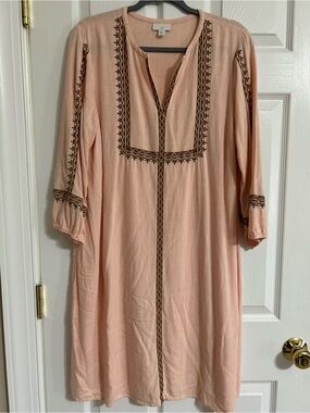 J. Jill Peach Colored Embroidered Linen Blend V Neck Dress Size M Tall EUC